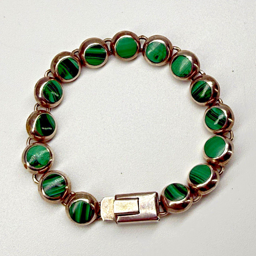 Green Banded Stone Link Bracelet 950 Marked Silver Tone 34.8g Box Clasp